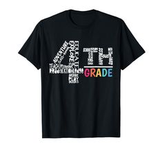 a black t - shirt with the words 4th grade printed in multicolored letters