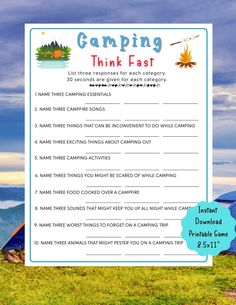 a camping checklist with the words camping think fast on it and tents in the background