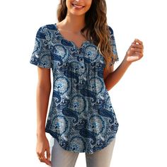 a.Jesdani Womens Plus Size Tunic Tops Long Sleeve Casual Floral Henley Shirts will make a great addition to your wardrobe.This large size top is made of 95% Polyester + 5% Spandex's Loose and stretchy fabric. This shirt uses V Neck with Buttons and Unique floral patterns, the middle can hide the muffin top perfectly; Casual / Home / Work / Vacation / Beach, this tunic shirt with swing hem drapes nicely Size: XL.  Color: Multicolor.  Gender: female.  Age Group: adult. Tunic Tops Casual, Korean Casual, Fitted Blouses, Blouse Short Sleeve, Versatile Outfits, Loose Shorts, Porch Decor, Medan, Henley Shirts