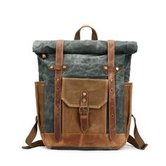 Large Canvas Leather Waterproof 14 Inch Backpack - InnovatoDesign Waxed Canvas Leather Backpack, Canvas Laptop Bag, Leather Travel Backpack, Waxed Canvas Backpack, Canvas Rucksack, Travel Laptop Backpack, Travel Backpacks, Vintage Outdoor, Flap Backpack