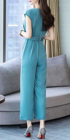 Blue turquoise elegant classy chic dressy jumpsuit for women sleeveless with waist belt. Unique fashion formal design to raise your elegance. Elegant Solid Color One-piece Jumpsuit, Elegant Solid Color One-piece Jumpsuit Or Romper, Elegant Solid Color One-piece Jumpsuits And Rompers, Elegant One-piece Jumpsuits And Rompers In Solid Color, High Waist Formal Jumpsuits And Rompers For Summer, Chic Blue High-waist Jumpsuits And Rompers, Chic High Waist Blue Jumpsuits And Rompers, Elegant One-piece Jumpsuit For Work, Elegant Solid Color Jumpsuits And Rompers For Spring