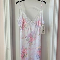 New W/Tags Apostrophe Night Gown Size 12-14 Which Is Size Large Here But Tag Says Medium. Beautiful Colors And Accented Lace. White Floral Print Nightgown For Loungewear, White Nightgown For Spring Pajama Party, White Nightgown For Spring Bedtime, White Nightgown For Pajama Party In Spring, Fitted White Floral Print Sleepwear, White Spring Nightgown For Sleep, White Floral Print Dress For Pajama Party, Spring Sleepwear White Chemise, Feminine Spring Chemise For Sleepover