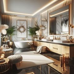 an elegant bathroom with gold accents and marble counter tops, along with a white rug on the floor