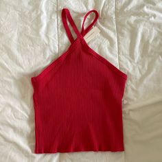 Nwt Criss Cross Style Ribbed Top Red Stretch Summer Tops, Red Ribbed Sleeveless Crop Top, Red Sleeveless Ribbed Crop Top, Red Ribbed Stretch Tank Top, Red Ribbed Fitted Crop Top, Red Ribbed Crop Top For Summer, Red Stretch Ribbed Tank Top, Trendy Red Ribbed Tank Top, Red Stretch Tops For Spring