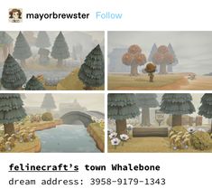 a series of photos showing different scenes from the video game felinecraft's town what lebone