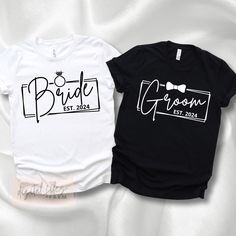 two t - shirts with the words bride and groom printed on them, one in black and white