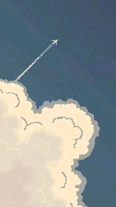 an airplane is flying through the sky with clouds and stars in the background, as if it were pixel art