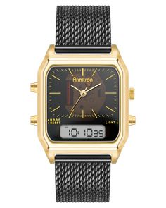 Armitron Black Rectangular Watch Accessory With Metal Dial, Black Rectangular Analog Watch, Black Digital Watch With Subdials And Rectangular Dial, Rectangular Black Watch With Subdials, Modern Black Watch With Digital Display, Modern Black Watch Accessories With Digital Display, Modern Black Digital Display Watch Accessories, Modern Black Digital Watch For Business, Gold Rectangular Analog Watch Accessories