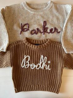 These baby sweaters make great gifts to a loved one, announcement photos, or just super cute daily wear! Cute Brown Crew Neck Sweater, Brown Chunky Knit Cotton Sweater, Cute Cotton Chunky Knit Sweater, Personalized Cotton Sweater For Winter, Cute Cotton Soft Knit Sweater, Personalized White Sweater For Winter, Cute Cotton Cable Knit Sweater, Knitted Long Sleeve Sweater Gift, Knitted Long Sleeve Sweater As Gift