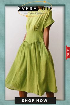 New Linen Grass Green Midi Dress Casual Green A-line Midi Dress, Green Pleated Casual Dress, Green Casual Pleated Dress, Knee-length Pleated Shift Dress, Knee-length Shift Pleated Dress, Casual Green Pleated Dress, Green Solid Color Midi Length Dress, Green Spring Midi Dress With Pockets, Green Solid Color Midi Dress