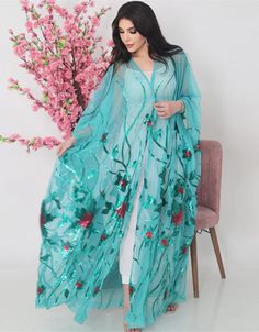 Dubai Abaya Mesh Floral Sequins Batwing Sleeves Muslim Women Cardigans Abaya Cardigan, Dubai Women, Embroidered Kaftan, Kaftan Abaya, Dubai Abaya, Open Abaya, Moroccan Kaftan, Sequin Decor, Muslim Fashion Dress