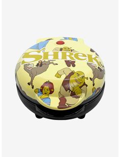 a yellow tin with cartoon characters on it and the words shred written in large letters