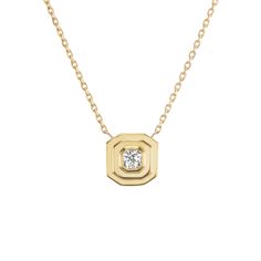 This natural radiant cut white diamond is bezel set in 14KT yellow gold to create a dainty solitaire necklace with an Art Deco flare. Composition Made to order (2-3 week turnaround) 14KT Yellow Gold & 14KT White Gold 0.13crt Radiant Cut Diamond Natural White GH VS+ diamonds 14/16 inches - adjustable Hand Crafted in NYC using up-cycled and certified conflict free gold -- This price listed reflects the quality and diamond weight of the current version available or just sold. Pricing of previous an Solitaire Necklace, Diamond Solitaire Necklace, Radiant Cut Diamond, Solitaire Necklaces, Vs Diamond, Radiant Cut, Classic Jewelry, Dream Jewelry, Chains For Men