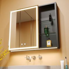 a bathroom sink with a mirror above it and a vase on the counter next to it