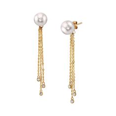 These exquisite earrings feature 8mm high-quality Freshwater pearls, handpicked for their incredible luster and overtones. The pearls are mounted on the finest 14K gold with .15 carats of dazzling SI clarity diamonds. These earrings come packaged in a beautiful jewelry gift box, perfect for gifting. Luxury Akoya Pearl Drop Diamond Earrings, Yellow Gold Briolette Pearl Earrings For Formal Occasions, Elegant Briolette Earrings With High Luster, Formal Briolette Pearl Earrings In Fine Jewelry Style, Formal Briolette Pearl Earrings Fine Jewelry, Formal Briolette Pearl Earrings, Luxury Briolette Pearl Drop Earrings, Elegant Akoya Pearl Earrings With High Luster, Formal Akoya Pearl Earrings With High Luster