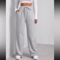 New Without Tags. Never Worn. True To Size. Cheap Full Length Sporty Bottoms, Sporty Pants, Pocket Sweatpants, Drawstring Waist Pants, Baggy Sweatpants, Sweatpants With Pockets, High Waist Wide Leg Pants, Wide Leg Sweatpants, Grey Sweatpants