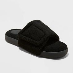 Keep your feet in cozy comfort at home and beyond with these Rodney Adjustable Slide Slippers from Goodfellow & Co™. These slide slippers are lined with faux fur for a soft feel and coziness, while the adjustable hook-and-loop top band provides a snug fit. The slip-on design allows for easy on/off, and they are suitable for both indoor and outdoor wear. Goodfellow & Co™: Where style & fit are always in good company. Slides Fluffy, Cloud Slides, Slippers Online, Man Of The House, In Good Company, Black Slides, Slide Slippers, Top Band, Loafer Slippers