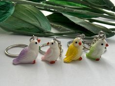 four keychains with birds on them sitting next to some leaves and a plant