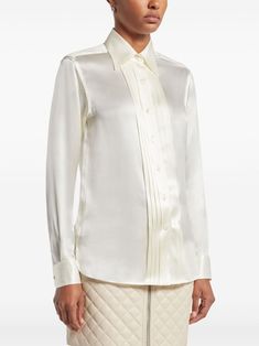 Elegant Pleated Silk Blouse, Elegant Pleated Silk Tops, Elegant Silk Pleated Blouse, Classic White Satin Blouse, Formal Pleated Silk Blouse, Elegant White Blouse With Fold Down Collar, Elegant White Blouse With Hidden Buttons, Classic White Silk Shirt, Elegant Collared Pleated Blouse