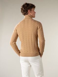 These Aurélien Dolcevita Cable Knit Sweater Beige for Men Large symbolize Mediterranean style and ultimate comfort. A combination of traditional details and a contemporary twist. This model is made in  Cashmere. The  Sweater are made entirely by hand in Italy. For exclusive, luxurious and handmade Italian Sweater you've come to the right place at Aurélien! Elegant Fitted Knitted Turtleneck, Fitted Beige Merino Wool Sweater, Classic Textured Knit Turtleneck, Luxury Winter Sweater For Formal Occasions, Fitted Beige Polo Sweater For Winter, Luxury Formal Winter Sweater, Classic Beige Turtleneck Outerwear, Classic Knitted Winter Turtleneck, Classic Textured Knit Turtleneck For Winter