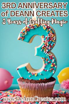 This images shows a cupcake with a number 3 candle in it. Balloons and confetti cover the turquoise background. Magic Lessons, Fluffy Pom Poms, 3rd Anniversary, Crafts And Diy, Kindergarten Crafts