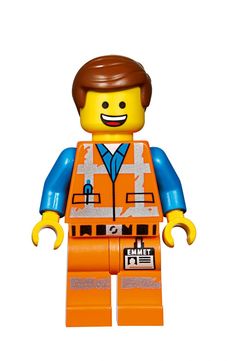 the lego man is wearing an orange vest