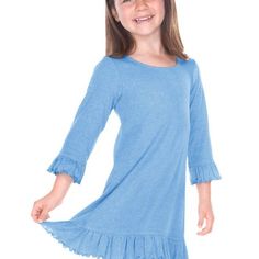 Adorable and sweet, this 3/4 sleeve dress features intricate ruffles on the sleeves and hem for a fanciful look. Made of cotton/poly 1x1 baby rib for a super soft touch and feel. Color: Blue.  Gender: female.  Age Group: infant. Blue 3/4 Sleeve Dress With Ruffles, Yellow Dress Casual, Black Flower Girl Dress, Skater Dresses Casual, Striped Print Dresses, Mesh Party Dress, Girls Stripes, Girls Dresses Summer, Play Dress