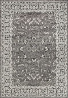 a gray and white rug with an ornate design on the bottom, in front of a white background