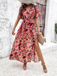 V-neck Wrap Dress With Tie Waist For Garden Party, Chic Flowy V-neck Floral Dress, Chic Floral Printed V-neck Dress, Elegant Beach Maxi Dress With Ditsy Floral Print, Feminine Floral V-neck Dress For Day Out, Elegant V-neck Midi Dress With Ditsy Floral Print, Elegant Ditsy Floral Print Maxi Dress For Vacation, V-neck Beach Dress With Rose Print, Feminine Flowy Wrap Dress With Surplice Neckline