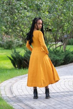 Yellow Linen Dress, Linen Peasant Dress, Long Sleeves Linen Dress ❃ The power of a beautiful dress is not to be underestimated. The right dress can transform your confidence and break hearts from across the room. Unlock that power with this simply beautiful 1950s dress. ❃ This beautiful yellow linen dress will bring a ray of sunshine to a cloudy day! The flattering cut makes it easy to wear while you're singing in the rain; the midi length works well with cute ankle boots. Dropped-shoulder long Yellow Maxi Dress For Fall, Long Yellow Dress For Fall, Fall Linen Midi Maxi Dress, Long Linen Dresses For Fall, Linen Midi Maxi Dress For Fall, Yellow Long Sleeve Midi Dress, Yellow Cotton Daywear Dress, Mustard A-line Dress For Spring, Yellow Cotton Dress Relaxed Fit