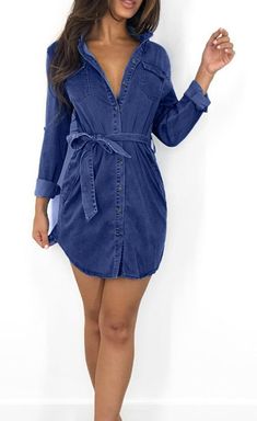 This denim dress is perfection. Featuring a collared, button-up denim style top dress with a sash belt waist. Made wth a polyester, cotton and denim blend. Comes in two fabulous denim shades from which to choose. Dress up with heels or keep it casual chic with wedges or sandals. Casual Fitted Mini Length Belted Dress, Collared Belted Mini Dress, Solid Color Cotton Shirt Dress For Fall, Fall Cotton Shirt Dress Solid Color, Fall Solid Color Cotton Shirt Dress, Casual Belted Button-up Mini Dress, Casual Belted Shirt Dress Mini Length, Chic Fitted Belted Denim Dress, Casual Belted Mini Shirt Dress