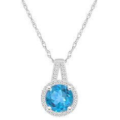 Complete your fashionable look with this stylish Celebration Gems gemstone and diamond pendant necklace.Click on this JEWELRY & WATCHES GUIDE to learn about fit, styles, materials and more! Pendant size: 3/5"L x 3/8"W Chain length: 18 in. Chain type: rope Nickel free Metal: sterling silver Plating: rhodium Finish: polished Packaging: boxedSTONE DETAILS Center stone size: 7 mm Shape: round Setting: prongDIAMOND DETAILS Total weight: 1/6 ct. Shape: round Setting: prong Gemstones may have been trea Formal Birthstone Necklace With Diamond Accents, Formal Round Blue Topaz Necklace, Blue Topaz Round Necklace With Brilliant Cut, Round Blue Topaz Necklace With Brilliant Cut, Round Brilliant Cut Blue Topaz Necklace, Brilliant Cut Blue Topaz Round Necklace, Halo Pendant, Pendant With Chain, Diamond Pendant Necklace