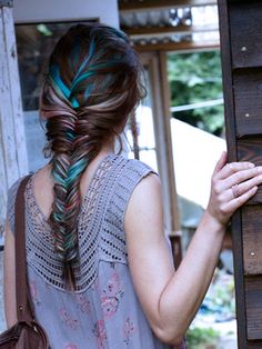 Highlights for brown hair | Glam Bistro fishtail braid with blue highlights one of the best photos of a fishtail braid on Pinterest Fishtail Braid, Brown Hair With Highlights, Boho Hairstyles, Fish Tail Braid, Great Hair, Hair Dos, Hair Highlights, Pretty Hairstyles