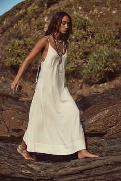 Emmers Linen Midi | Free People Linen Maxi Dress For Beach Cover-up, Summer V-neck Maxi Dress With Adjustable Straps, Summer Linen V-neck Sundress, Chic V-neck Linen Beach Dress, Chic V-neck Linen Dress For Beach, Summer Tie Back Maxi Dress For Day Out, Linen Tie Back Maxi Dress, Summer Linen V-neck Dress For The Beach, Summer V-neck Unlined Linen Dress