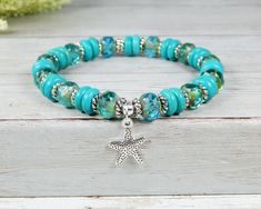 starfish charm bracelet ocean jewelry Mood Bracelet, Starfish Bracelet, Beach Bracelets, Ocean Jewelry, Ocean Inspired, Turquoise Howlite, Ocean Inspiration, Beach Jewelry, Turquoise Beads