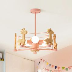 6-Head Macaron Caged Suspension Light With Wooden Deer Decor - Kids Bedroom Chandelier Pink Fancy Ceiling Lights, Unique Lights, Wooden Deer, Dinosaur Light, Bedroom Chandelier, Kids Room Lighting, Nursery Lighting, Wooden Room, Deer Decor