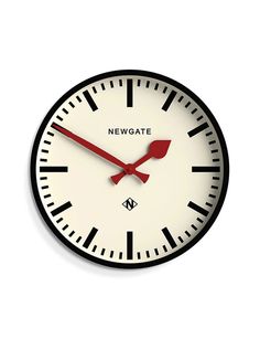 a black and white clock with red hands on a white background that says newgate