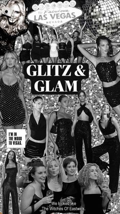 the cover of glitz and glam magazine, featuring photos of women in black outfits