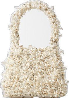 a handbag made out of pearls and beads on a white background with the reflection of it