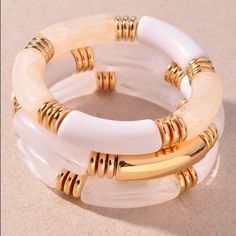 * Multi Stone Bracelet * 2.8 X 2.8" Approx Trendy White Bangle Jewelry, Trendy Adjustable White Jewelry, Trendy White Bangle Bracelets, Trendy White Plastic Bracelets, Trendy White Plastic Bracelet, Adjustable White Plastic Bracelets, Trendy Cream Bracelets, White Plastic Bracelets As Gifts, White Plastic Bracelets For Gift