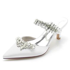 Shop White Jewelled Satin Kitten Heel Mules Shoes Wedding Women Heels color White for Big Day, Dancing Club, Going out, Night Club, Party, Wedding with worldwide Free shipping & Free return. Peep Toe Wedding Shoes, Wedding Shoes High Heels, Shoes Bridesmaid, Formal Heels, Party Heels, Heel Mules, Rhinestone Sandals, Shoes Wedding, Womens Wedding Shoes