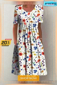 Casual Flower Round Neck Medium Length Straight Dress Casual A-line Maxi Dress With Floral Print, Flowy Knee-length Printed Floral Dress, Flowy Knee-length Floral Printed Dress, White Floral Print Shift Midi Dress, White Shift Midi Dress With Floral Print, Casual A-line Floral Dress, Casual Printed Midi Dress For Garden Party, Casual A-line Floral Dress For Vacation, Spring Printed Shift Midi Dress