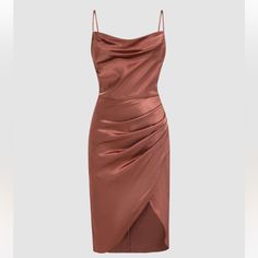 Nwt, Cider Solid Satin Midi Dress, Brown/Copper, Size Small Sonya Satin Dress, Ruched Satin Dress Casual, Simple Satin Dress Knee Length, Cider Clothing, Brown Satin Dress, Silk Slip Dresses, Knitwear Trends, Brown Satin, Slip Dresses