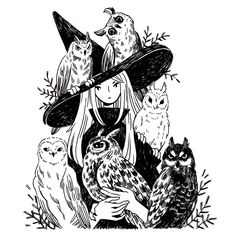 an image of witches and owls in black and white