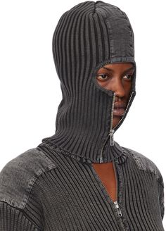 Rib knit cotton balaclava in black. · Fading and denim trim throughout · Zip closure at face Face masks and face coverings are final sale and are not eligible for return or exchange. Supplier color: Black Face Face, Face Coverings, Knit Cotton, Face Masks, Final Sale, Rib Knit, Face Mask, Mask, Trim