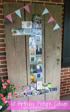 a birthday photo collage is displayed in front of a door with flowers and pictures on it