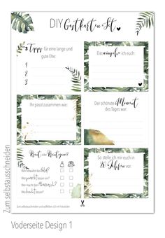 printable wedding guest cards with tropical leaves