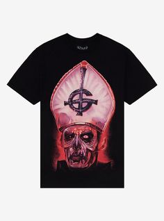 a black t - shirt with a skull wearing a helmet and holding a knife in it