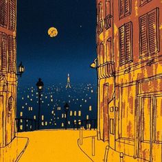 an image of a city street at night with the moon in the sky and buildings lit up