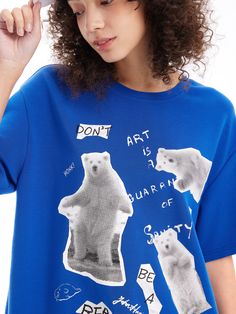 Details: Klein Blue Glacier Cute Bear T-ShirtThe chest pattern is inspired by Greenland, printed with polar bears, glaciers and other elements to visually cool down on a hot summer day.Combination of three-dimensional printing and hot drillingLoose H fitFlocking printed label design on the back Materials & Care: Lycell fibre 48.8%; polyester 44.4%; spandex 6.8% Hand wash | Dry clean Do not bleach Size & Fit: Model is 5'7", Bust 32, Waist 24, Hips 35, wearing a size S Item #: JN2TE17 Chic Business Casual, Denim Jean Dress, Polar Bears, Bear T Shirt, Klein Blue, Cute Bear, Fall Collections, Cute Bears, Summer Day